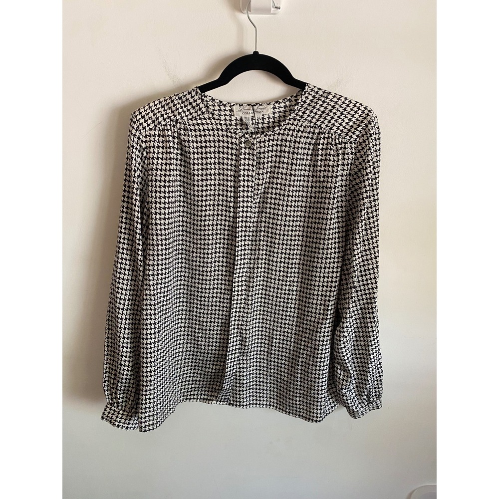 Laura & Jayne Collection Houndstooth Blouse Black White Hidden Button Down Sz 12